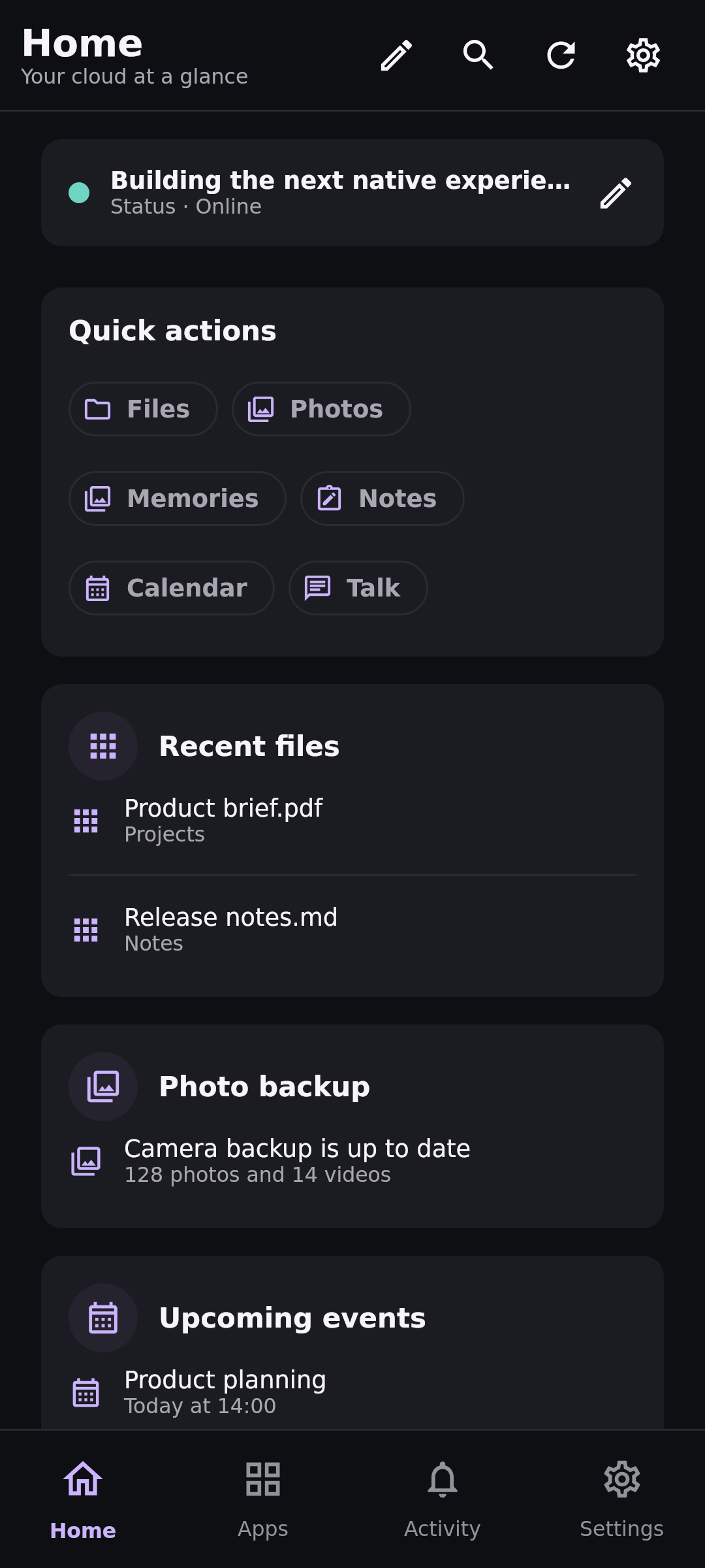 Nextcloud Native mobile home rendered by the real Compose application with synthetic data